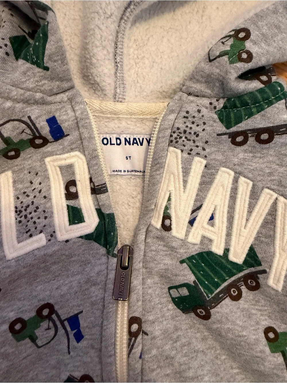 Old Navy Gray Hooded Zip-Up Sweatshirt with Green and Blue Truck Print